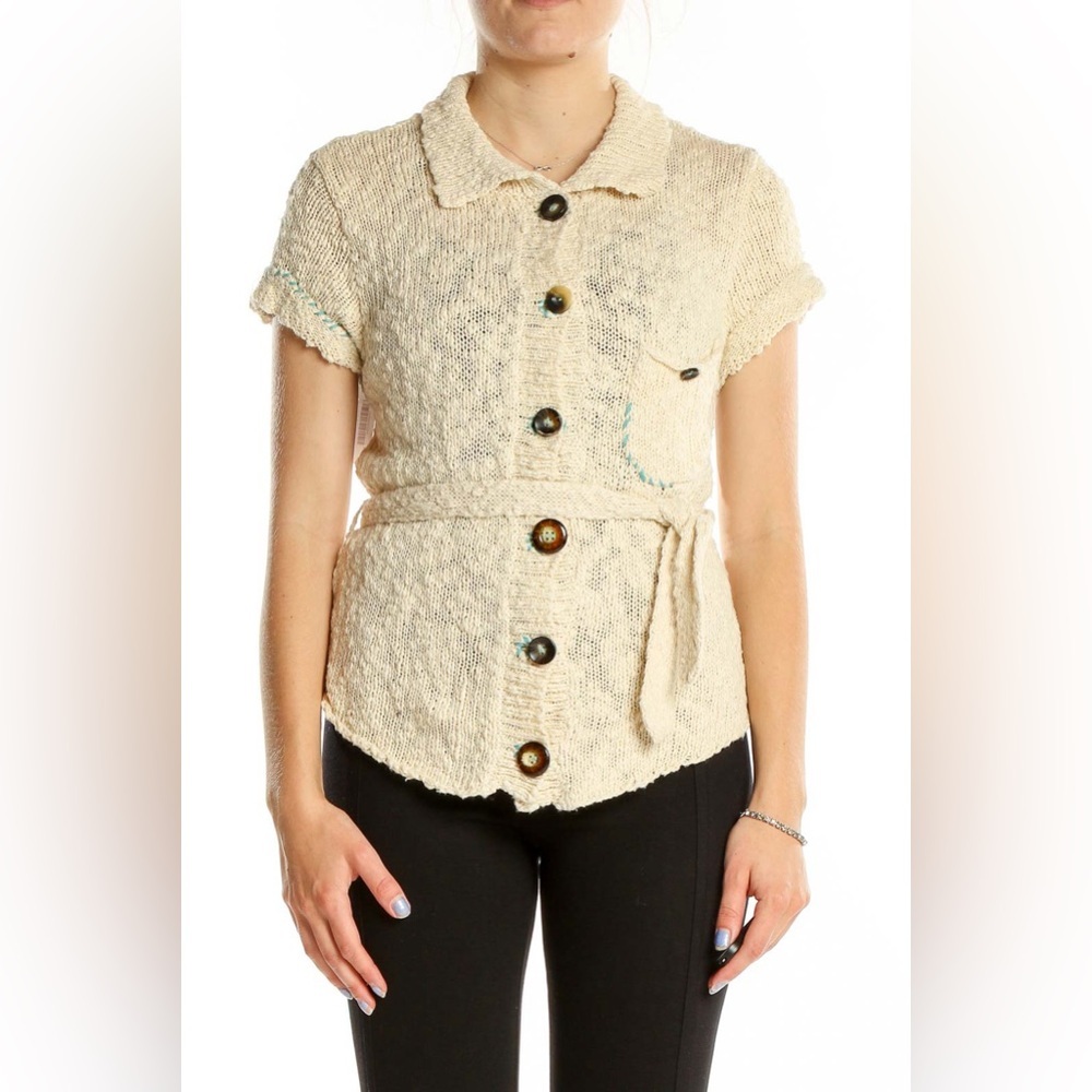 Free People Chunky Knit Button Cardigan Top Tie Waist Neutral Size L
